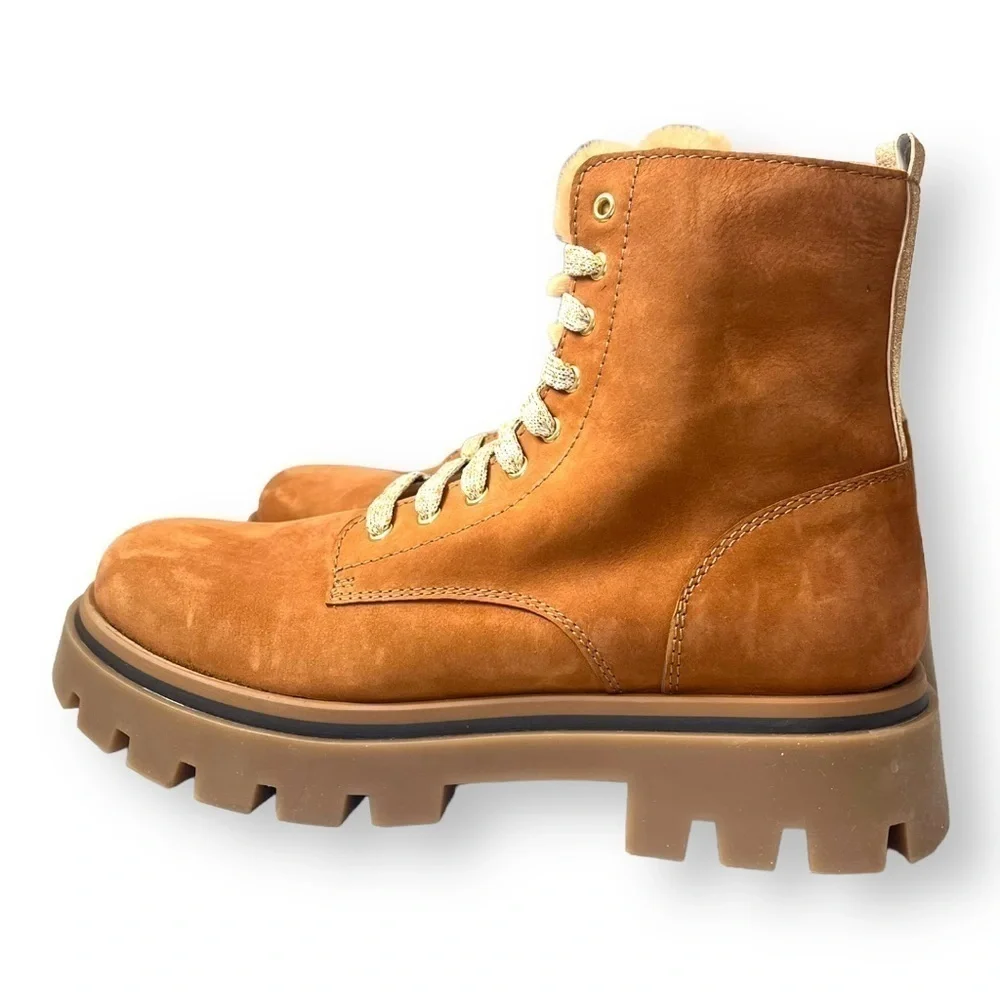 Beberlis Cognac Brown Suede Shearling Lace Up Combat Boots w/ Lug Soles NEW